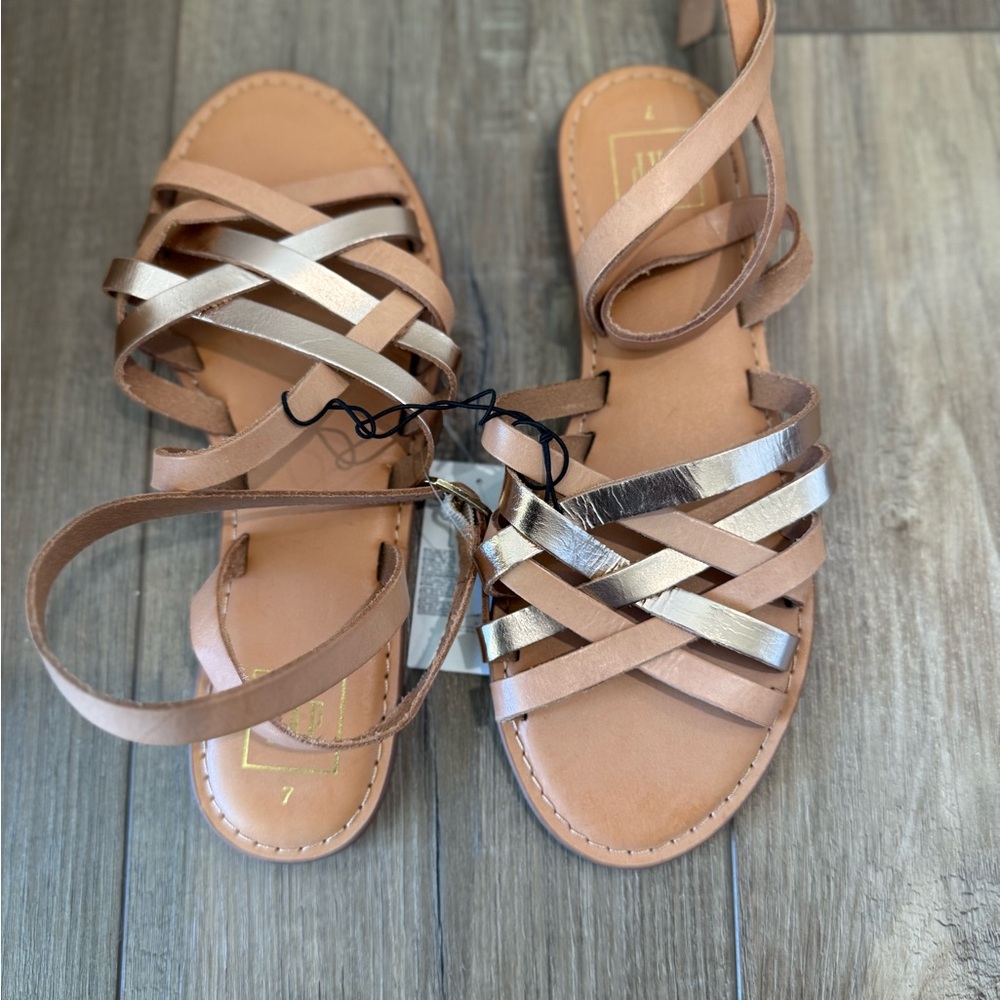 Women's Strappy Genuine Leather Sandals in Tan and Gold